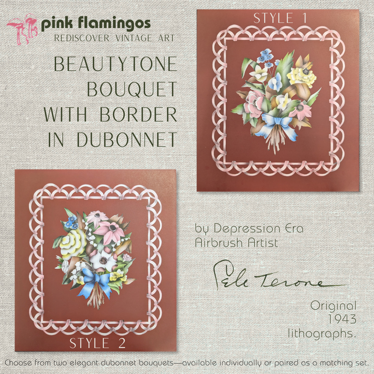 Beautytone Bouquet with Border in Dubonnet by Terone | 1943 Vintage Lithograph | Romantic Cottagecore Wall Art