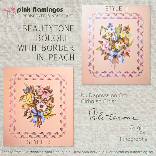 Beautytone Bouquet with Border in Peach by Terone | 1943 Vintage Lithograph | Romantic Cottagecore Wall Art