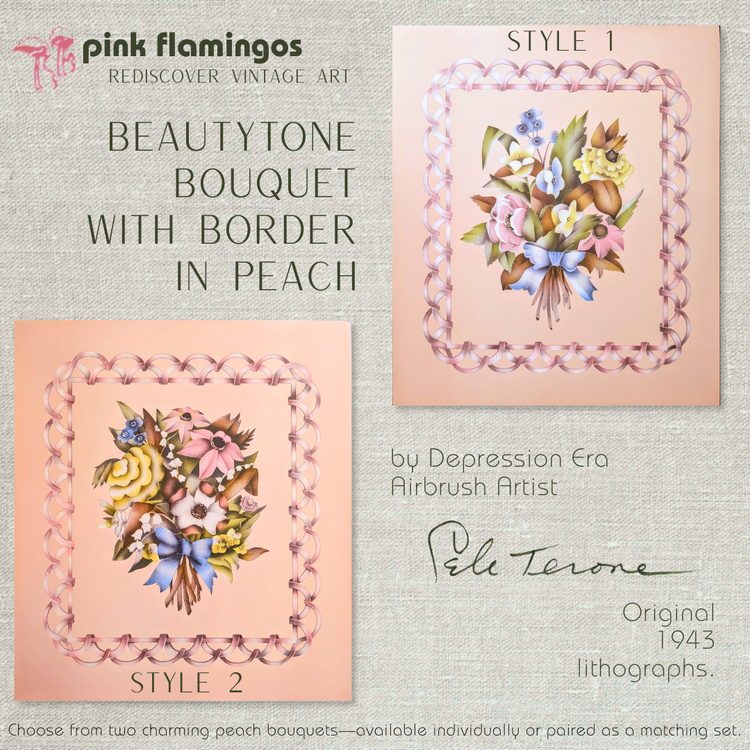 Beautytone Bouquet with Border in Peach by Terone | 1943 Vintage Lithograph | Romantic Cottagecore Wall Art