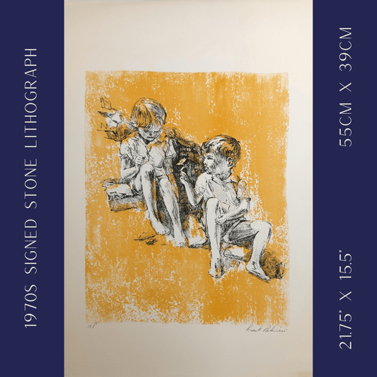 Boy Giving Flower by Frank Palmieri | 1970s Signed Lithograph | Sentimental Childhood Wall Art - Stone Lithograph - Pink Flamingos