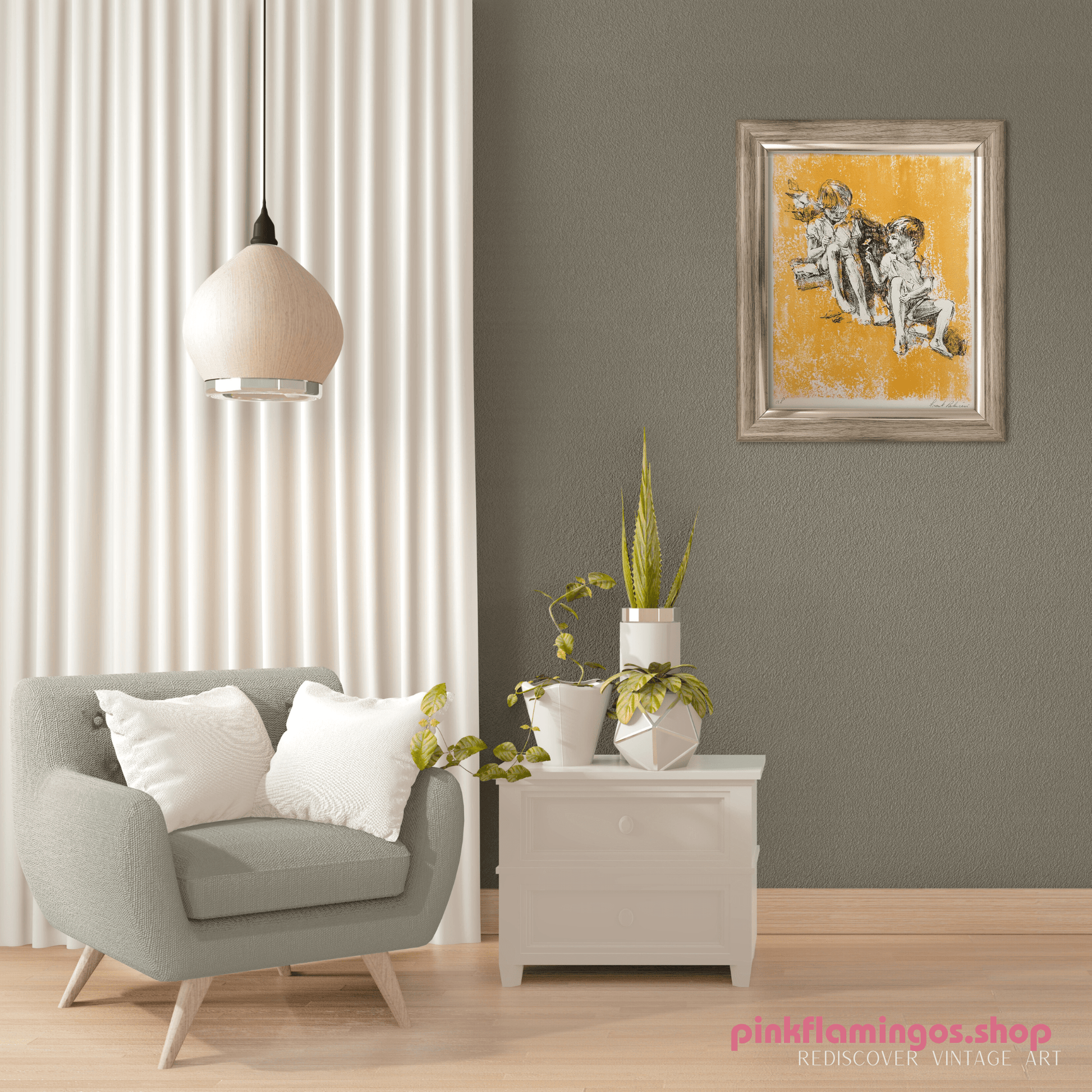 Boy Giving Flower by Frank Palmieri | 1970s Signed Lithograph | Sentimental Childhood Wall Art - Stone Lithograph - Pink Flamingos