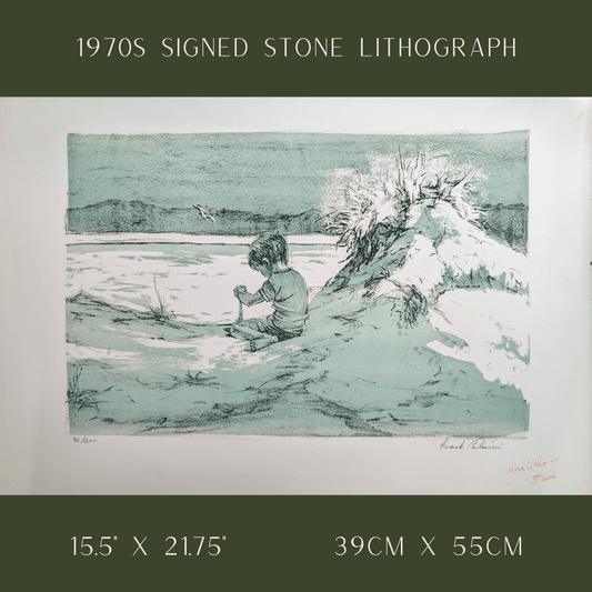 Boy on the Beach by Frank Palmieri | 1970s Signed Lithograph | Coastal Childhood Wall Art - Stone Lithograph - Pink Flamingos