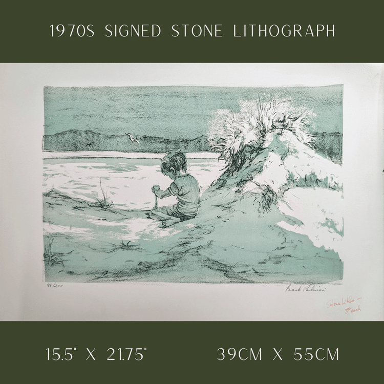 Boy on the Beach by Frank Palmieri | 1970s Signed Lithograph | Coastal Childhood Wall Art - Stone Lithograph - Pink Flamingos