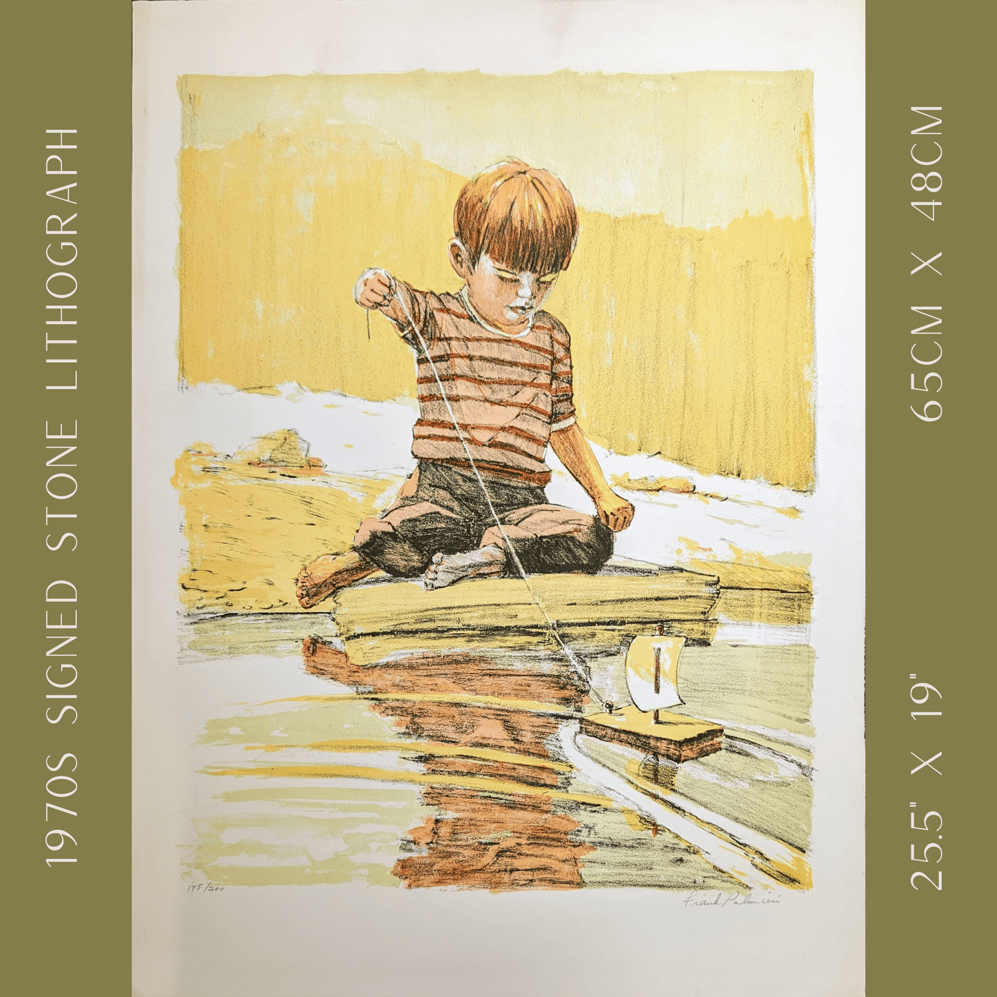 Boy with Sailboat by Frank Palmieri | 1970s Signed Lithograph | Vintage Nautical Wall Art - Stone Lithograph - Pink Flamingos