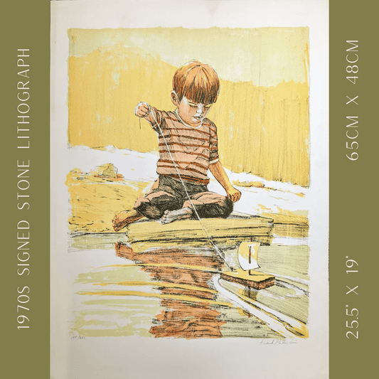 Boy with Sailboat by Frank Palmieri | 1970s Signed Lithograph | Vintage Nautical Wall Art - Stone Lithograph - Pink Flamingos