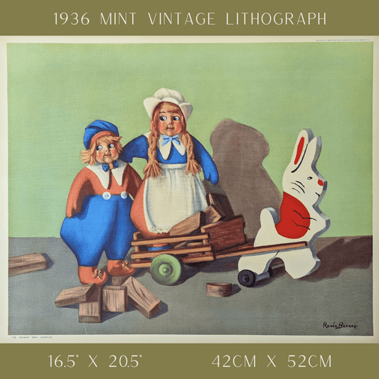 Bunny Taxi Service by Reneé Barnes | 1930s Vintage Lithograph | Whimsical Nursery Wall Art - Offset Lithograph - Pink Flamingos