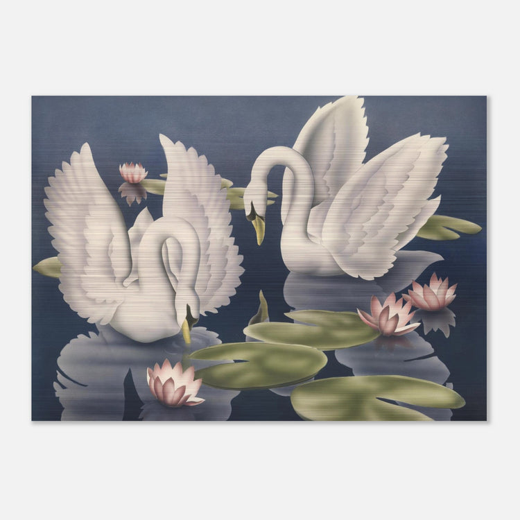 Turner Swans and Lillies Brushed Aluminum Print | Vintage Bird Lithograph Metal Art