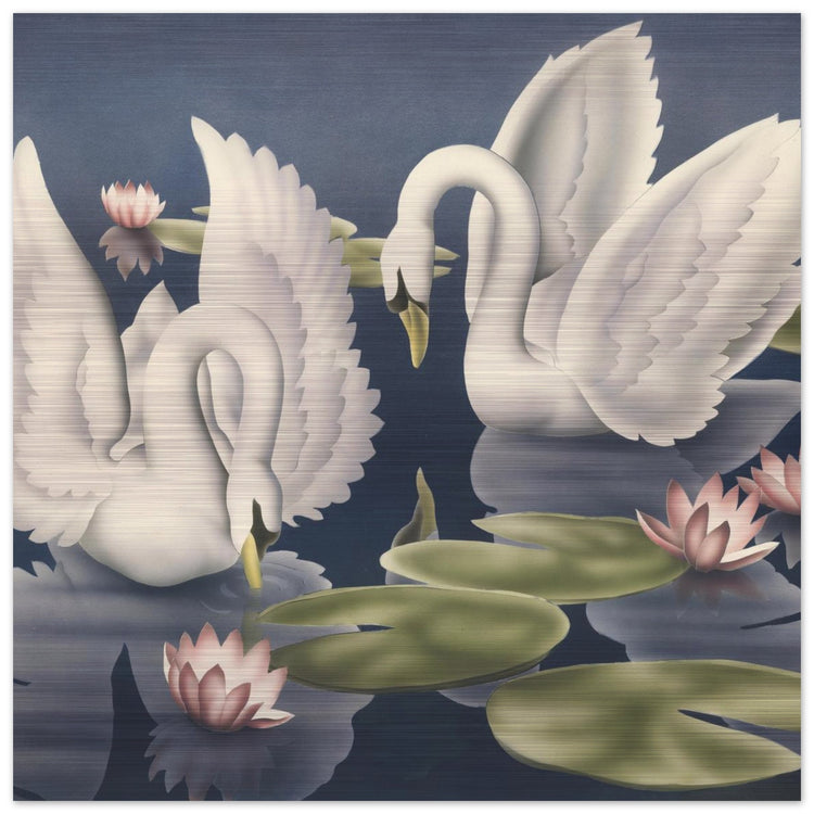 Turner Swans and Lillies Brushed Aluminum Print | Vintage Bird Lithograph Metal Art