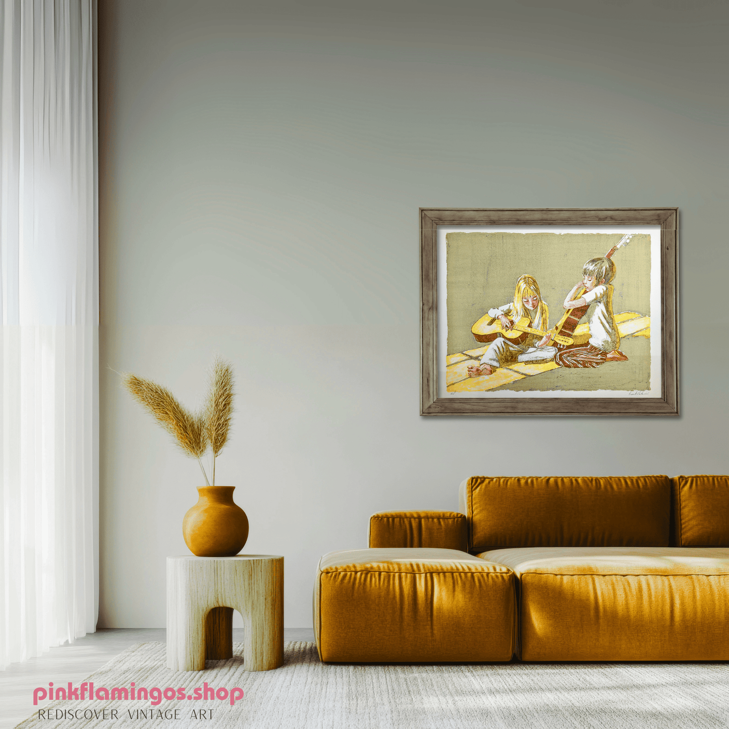 Children's Duet by Frank Palmieri, vintage signed and serial numbered stone lithograph circa 1970 - Stone Lithograph - Pink Flamingos