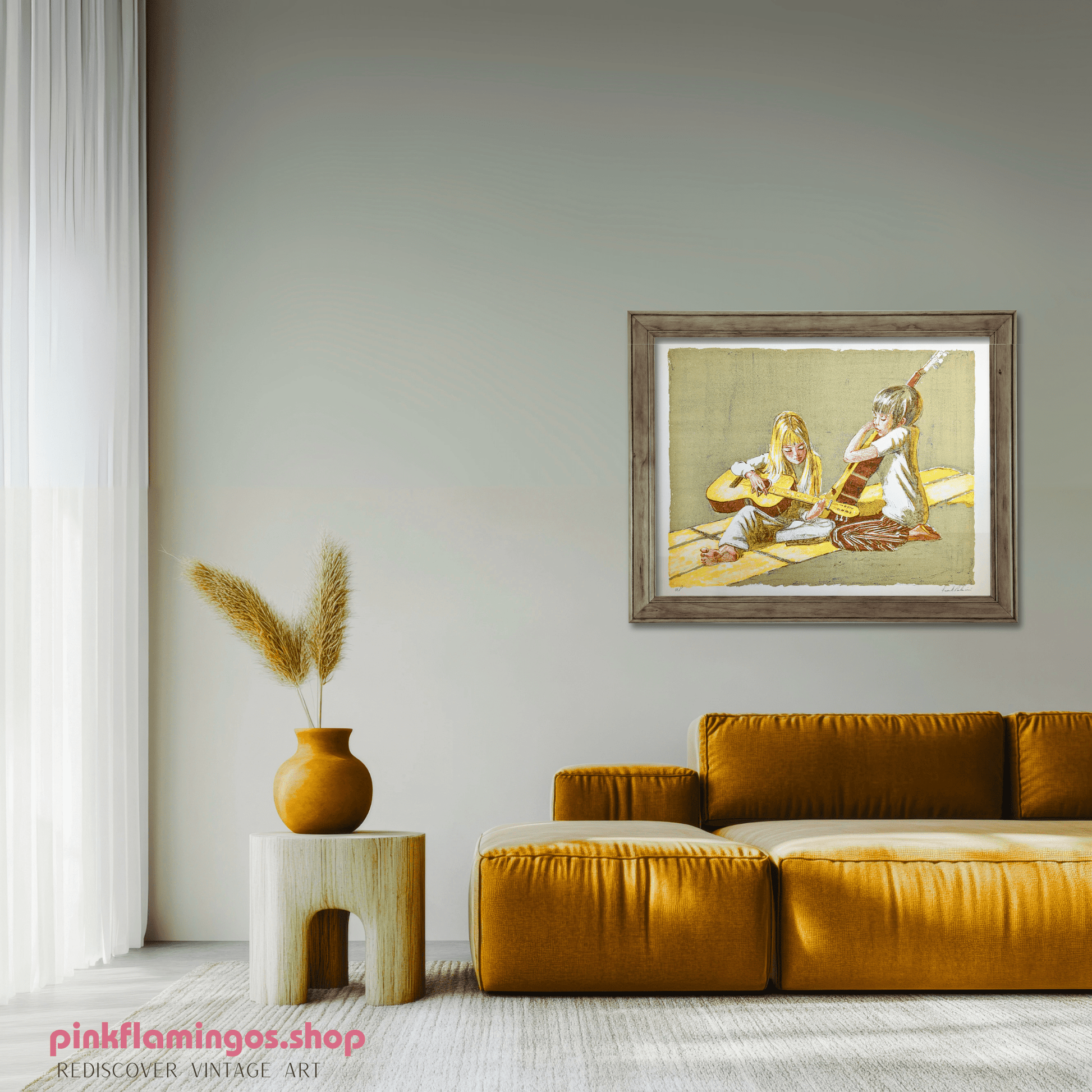Children's Duet by Frank Palmieri, vintage signed and serial numbered stone lithograph circa 1970 - Stone Lithograph - Pink Flamingos