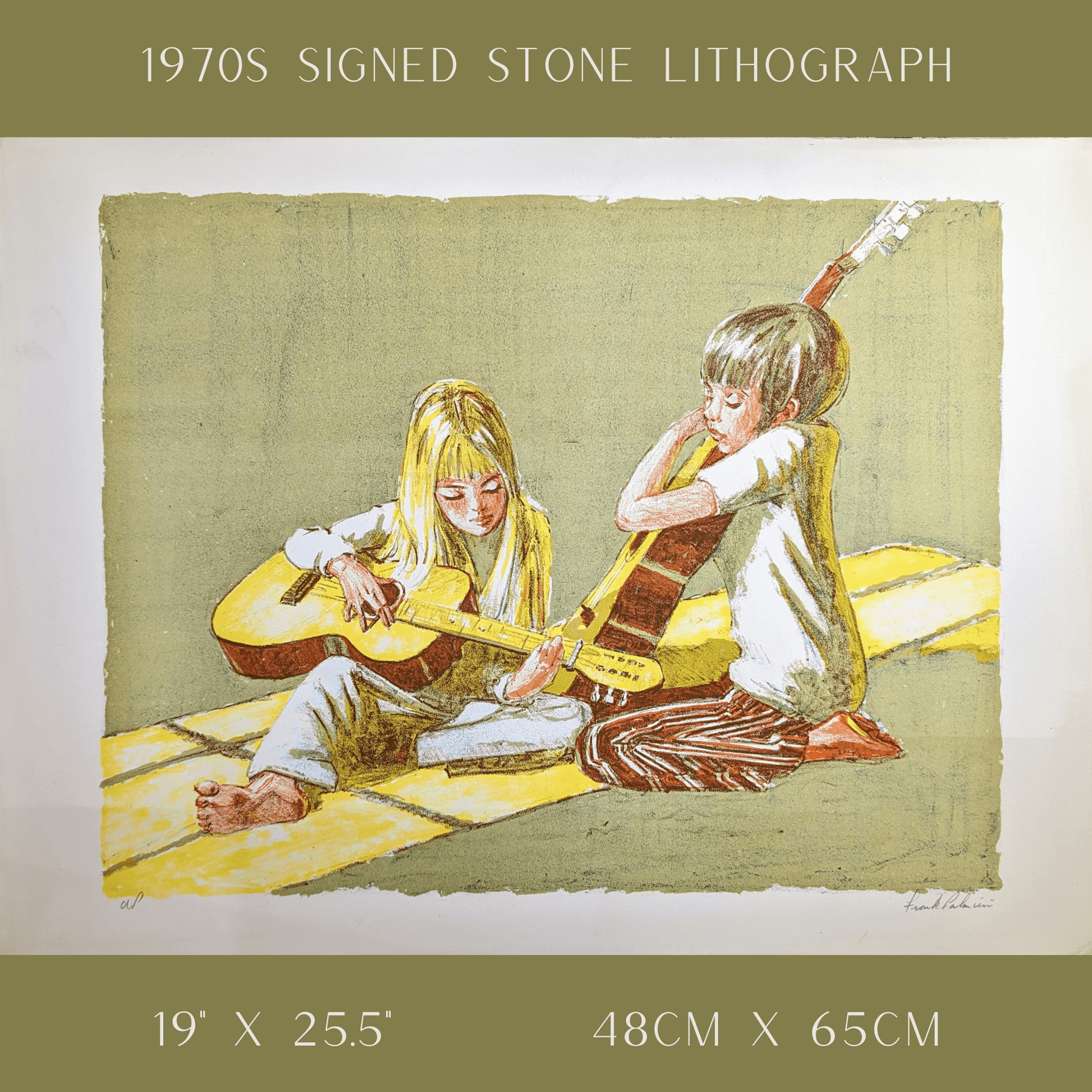 Children's Duet by Frank Palmieri, vintage signed and serial numbered stone lithograph circa 1970 - Stone Lithograph - Pink Flamingos