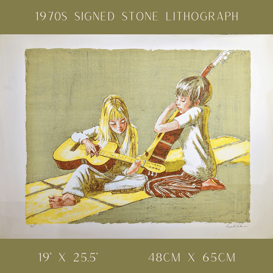 Children's Duet by Frank Palmieri, vintage signed and serial numbered stone lithograph circa 1970 - Stone Lithograph - Pink Flamingos