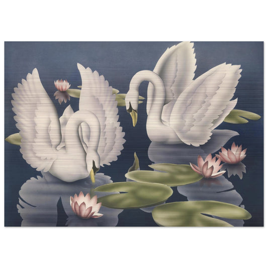 Turner Swans and Lillies Brushed Aluminum Print | Vintage Bird Lithograph Metal Art