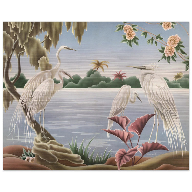 Turner Egrets Brushed Aluminum Print | Vintage Lakeside Bird Lithograph Metal Art