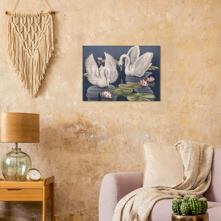 Turner Swans and Lillies Brushed Aluminum Print | Vintage Bird Lithograph Metal Art