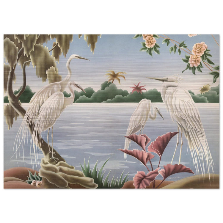 Turner Egrets Brushed Aluminum Print | Vintage Lakeside Bird Lithograph Metal Art