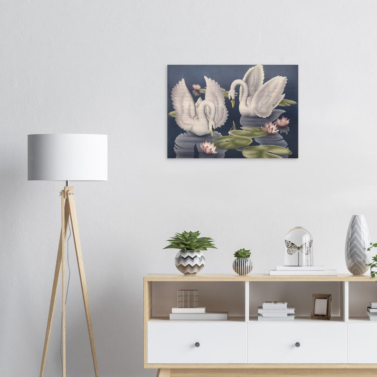 Turner Swans and Lillies Brushed Aluminum Print | Vintage Bird Lithograph Metal Art