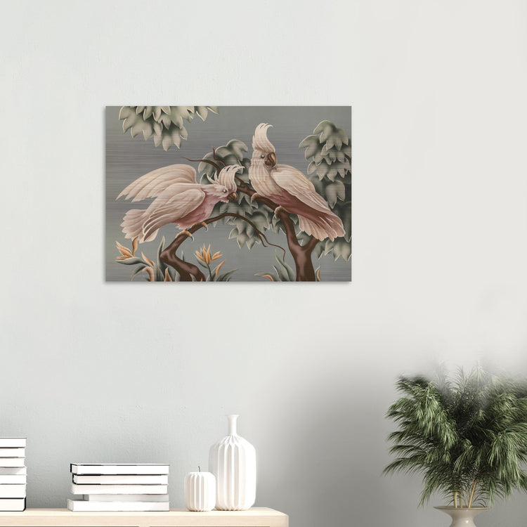 Turner White Cockatoos Brushed Aluminum Print | Vintage Tropical Bird Lithograph Metal Art