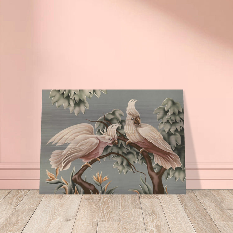 Turner White Cockatoos Brushed Aluminum Print | Vintage Tropical Bird Lithograph Metal Art