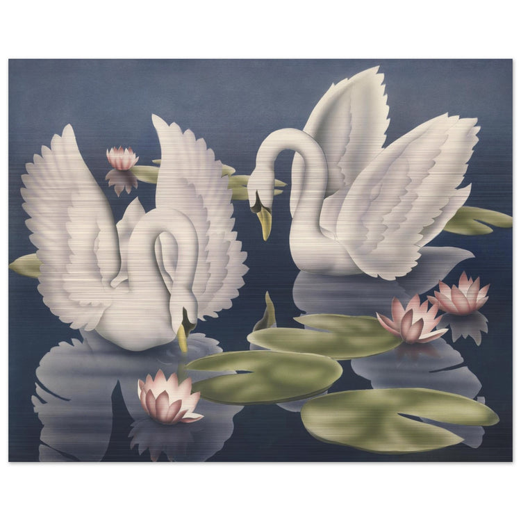 Turner Swans and Lillies Brushed Aluminum Print | Vintage Bird Lithograph Metal Art