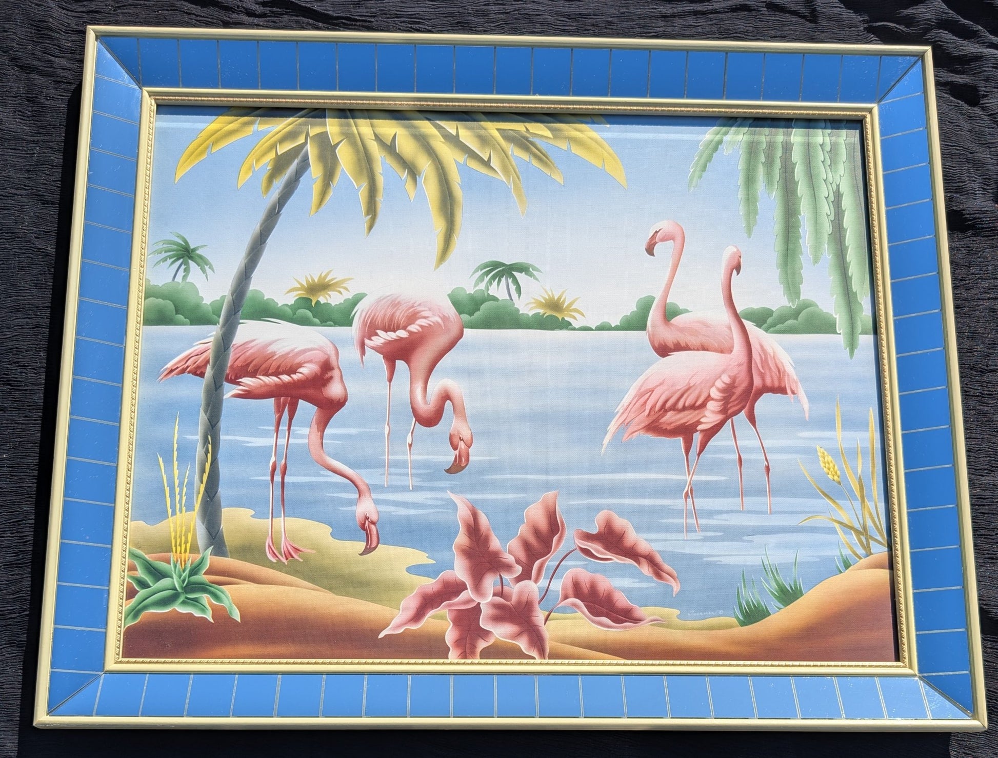 Framed Turner Flamingo Mirror Art | 1950s Mint Print | Glass Glazing | Frame with Minimal Wear - Framed Prints - Pink Flamingos