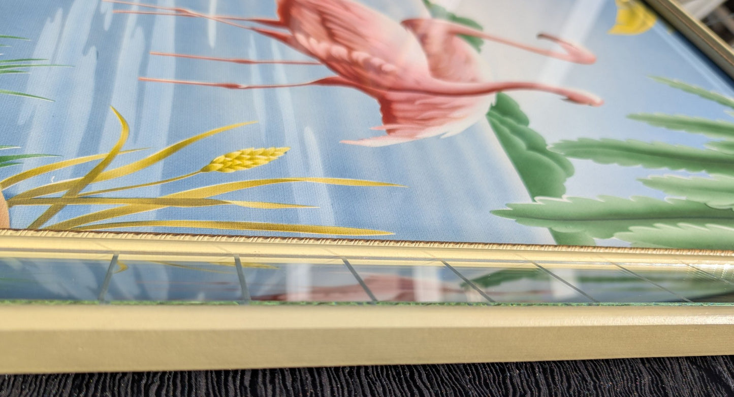 Framed Turner Flamingo Mirror Art | 1950s Mint Print | Glass Glazing | Frame with Minimal Wear - Framed Prints - Pink Flamingos