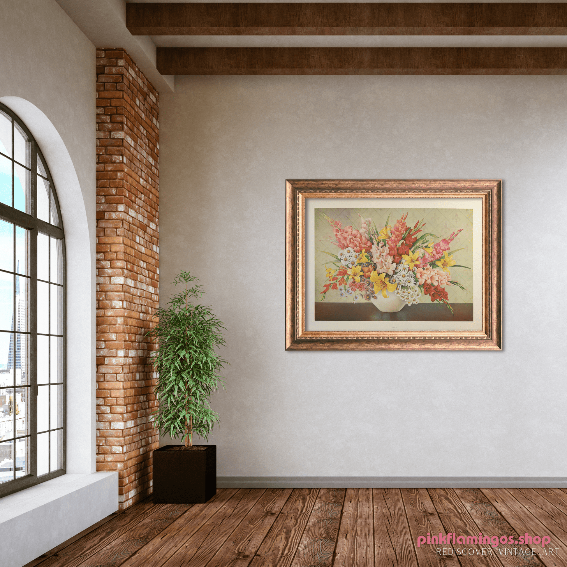 Gladiolus by Dimitry Alexandroff | 1940s Vintage Floral Lithograph | Large Botanical Wall Art - Offset Lithograph - Pink Flamingos