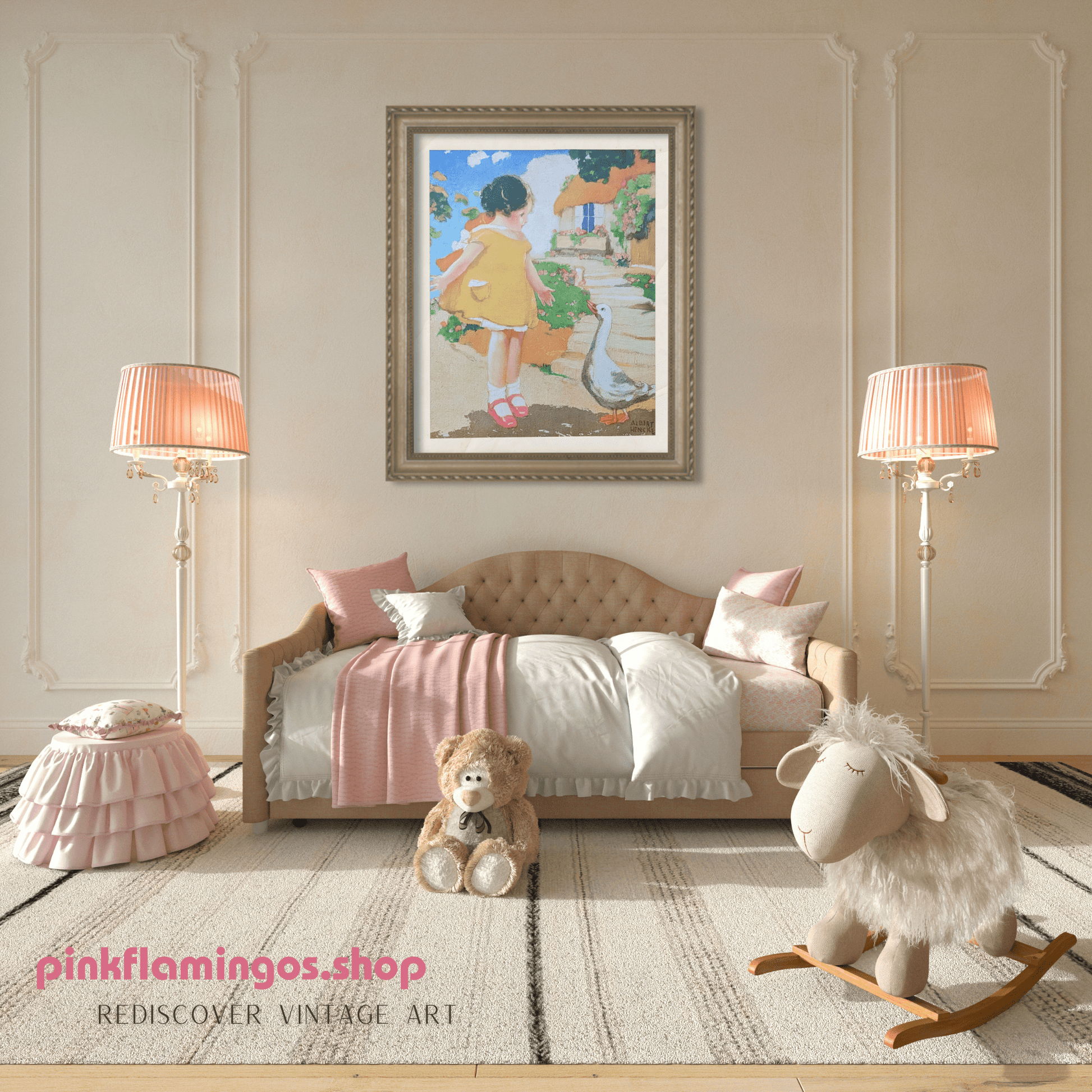 Goosy Goosy Gander by Hencke | 1930s Vintage Lithograph | Classic Nursery Wall Art - Offset Lithograph - Pink Flamingos