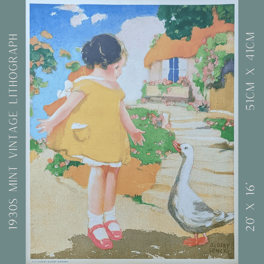 Goosy Goosy Gander by Hencke | 1930s Vintage Lithograph | Classic Nursery Wall Art - Offset Lithograph - Pink Flamingos