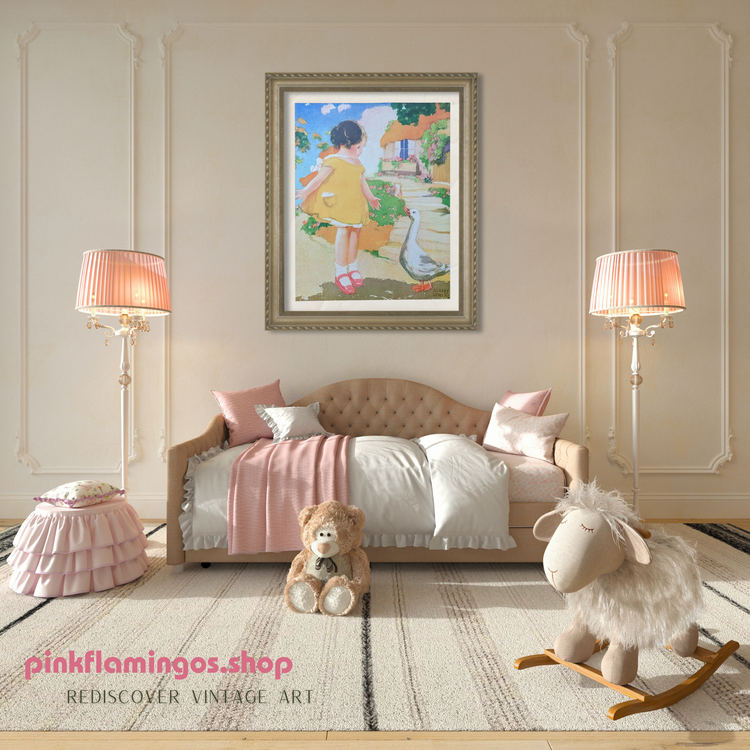 Goosy Goosy Gander by Hencke | 1930s Vintage Lithograph | Classic Nursery Wall Art