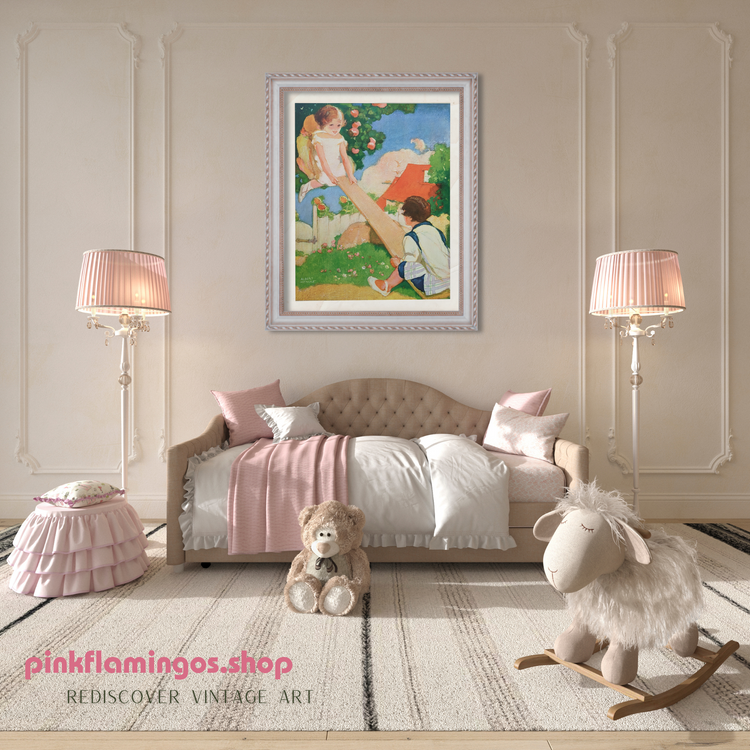 See Saw by Albert Hencke | 1930s Vintage Lithograph | Whimsical Nursery Wall Art