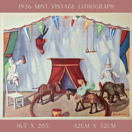 Humpty Dumpty Circus by Renée Barnes | 1930s Vintage Lithograph | Whimsical Toy Room Wall Art - Offset Lithograph - Pink Flamingos