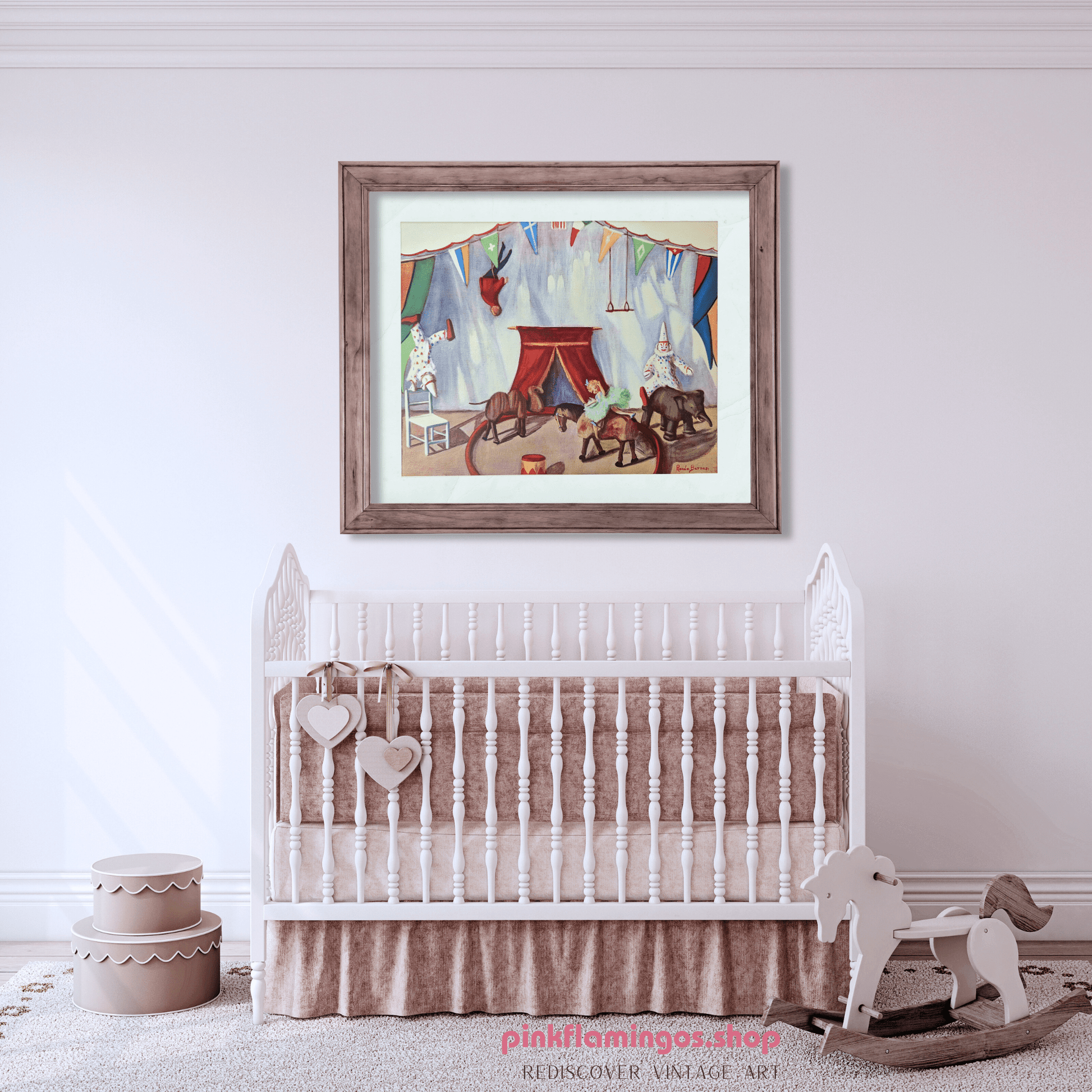 Humpty Dumpty Circus by Renée Barnes | 1930s Vintage Lithograph | Whimsical Toy Room Wall Art - Offset Lithograph - Pink Flamingos