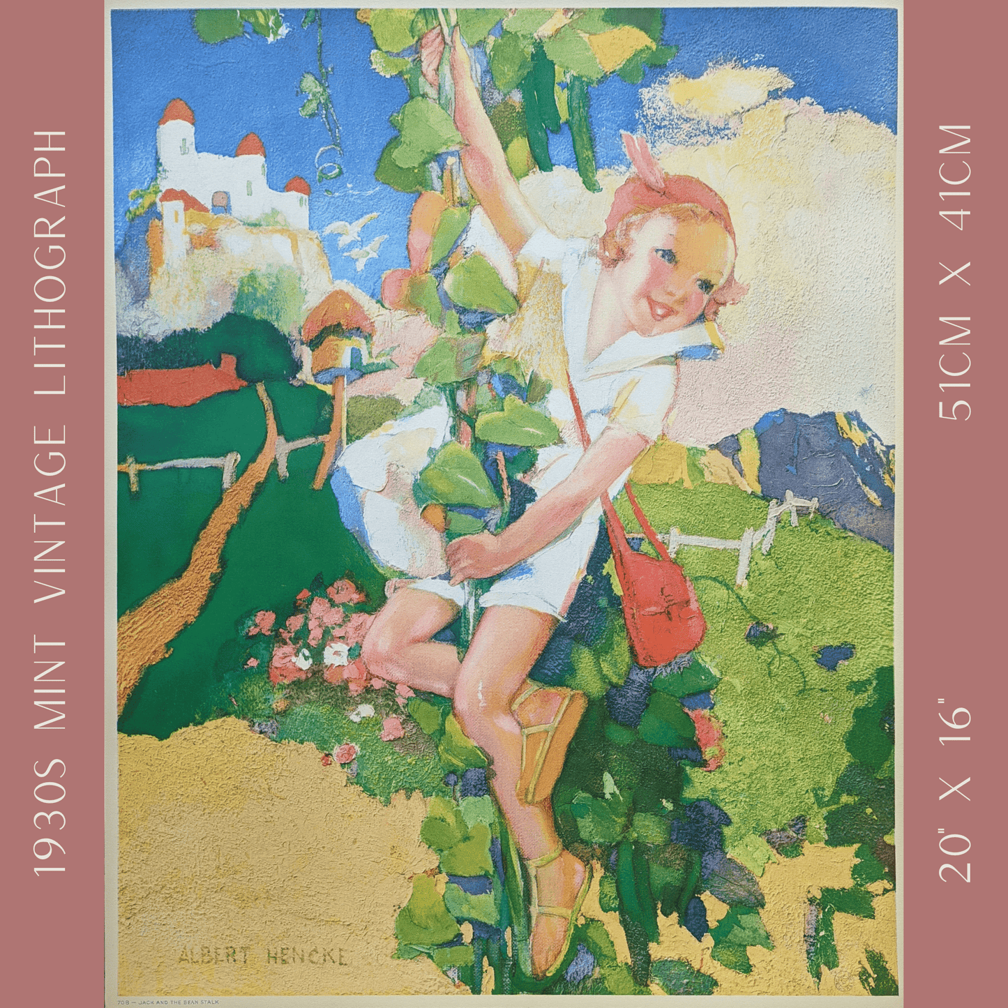 Jack and the Beanstalk by Hencke, mint condition authentic vintage lithograph printed in the 1930s - Offset Lithograph - Pink Flamingos