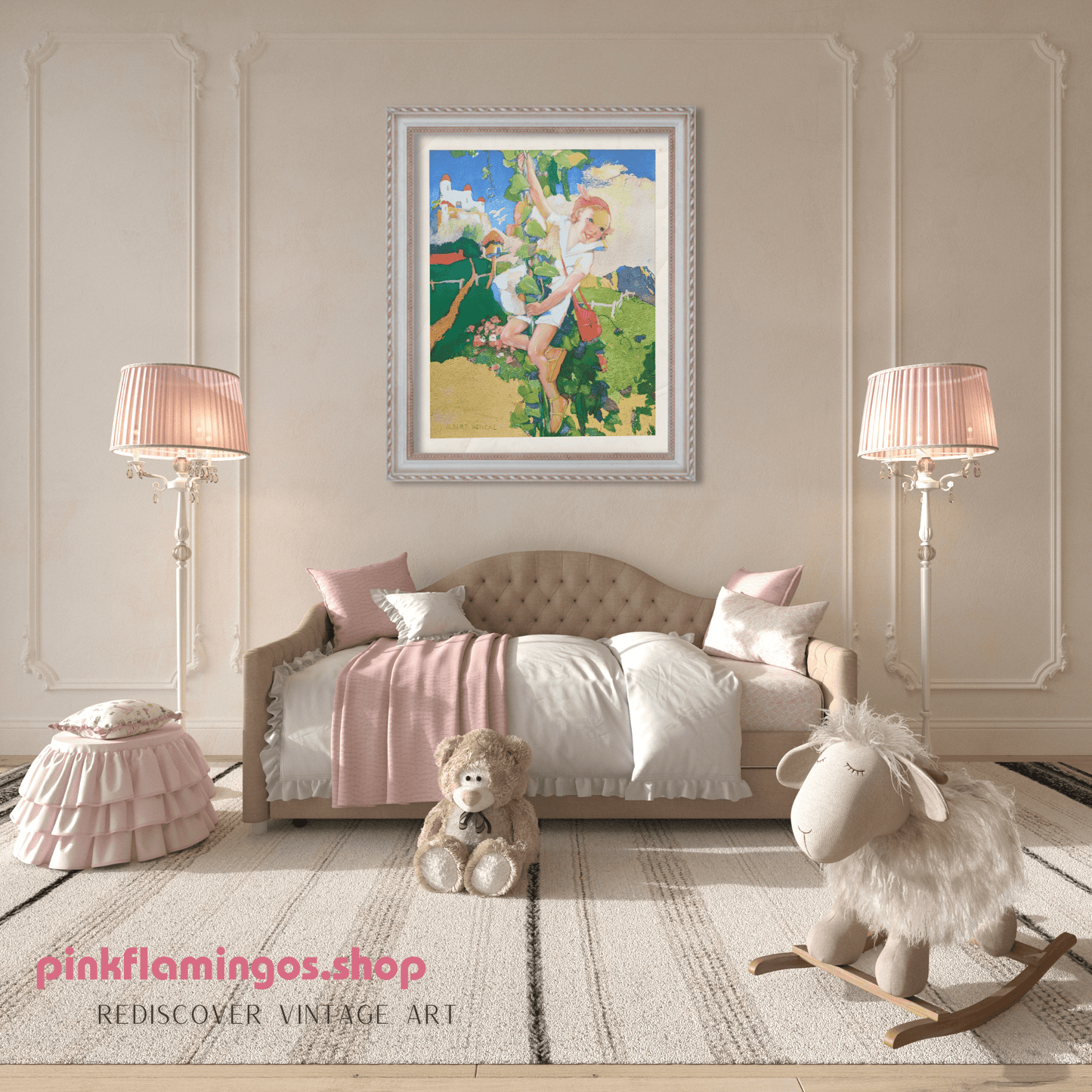 Jack and the Beanstalk by Hencke, mint condition authentic vintage lithograph printed in the 1930s - Offset Lithograph - Pink Flamingos