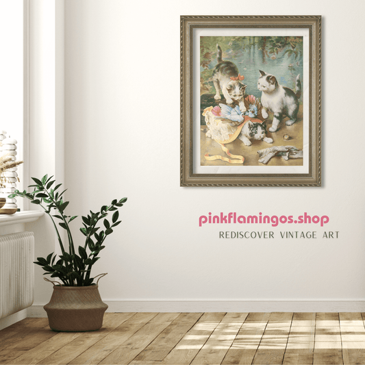 Kittens by C. Reichert | 1960s Vintage Lithograph | Whimsical Nursery Cat Art - Lithograph - Pink Flamingos