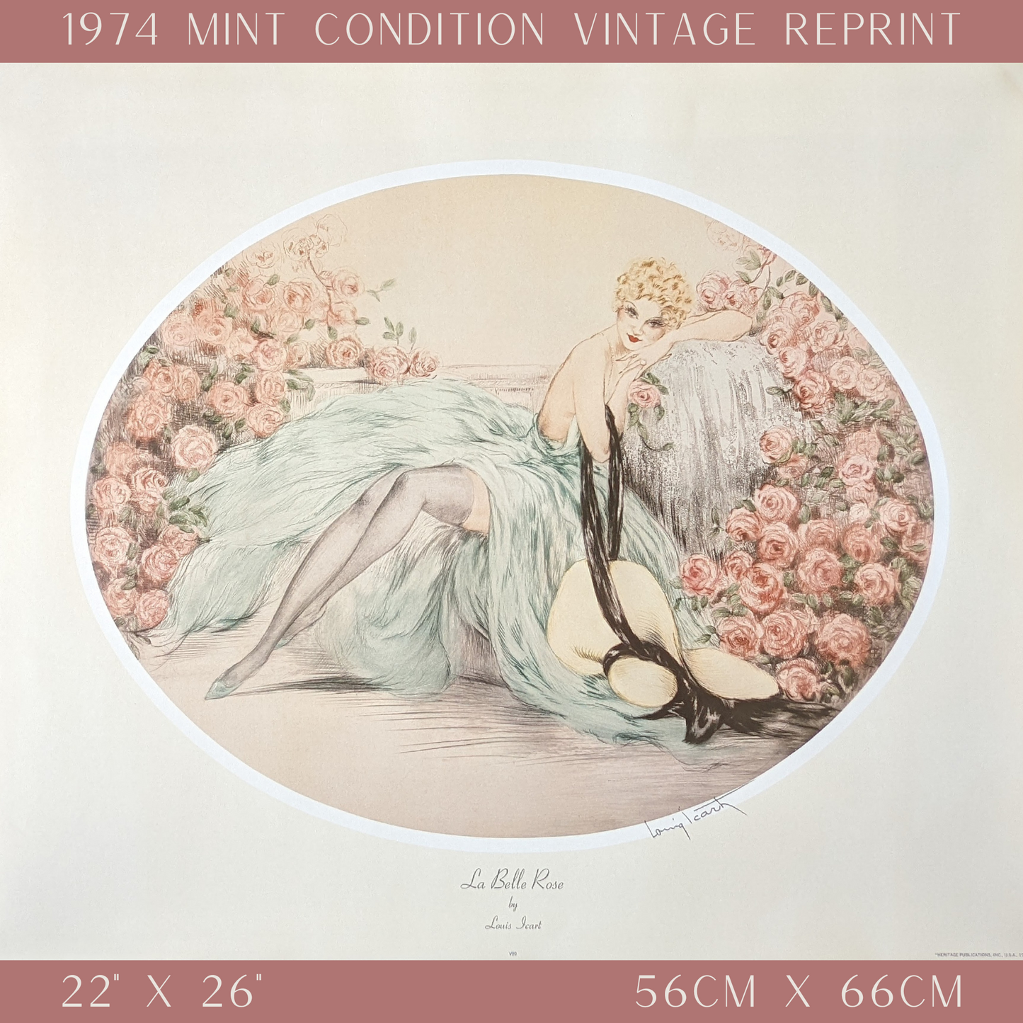 La Belle Rose by Louis Icart | 1974 Art Deco Reproduction | Offset Lithograph | Romantic French Art Deco Style - Offset Lithograph - Pink Flamingos