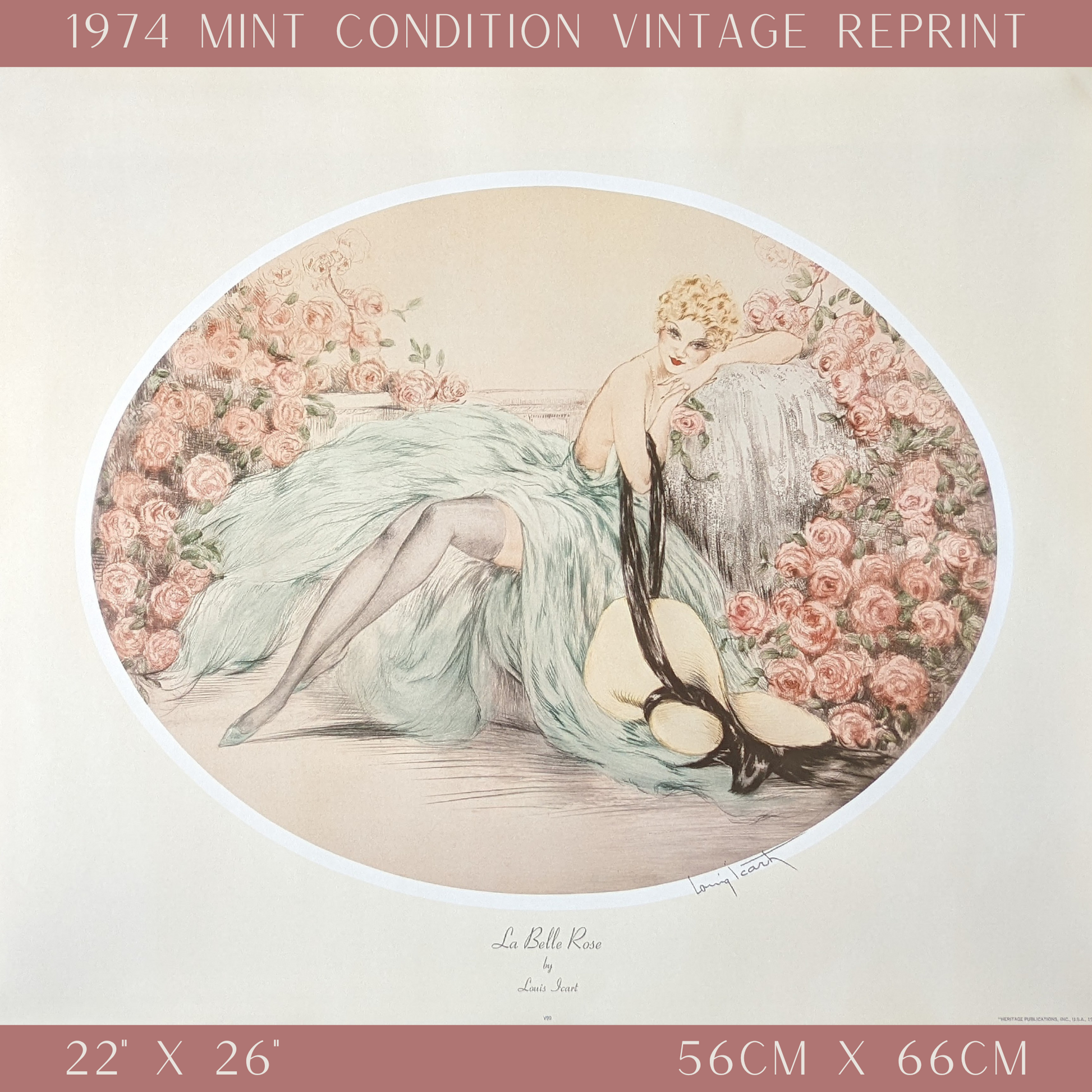 La Belle Rose by Louis Icart | 1974 Art Deco Reproduction | Offset Lithograph | Romantic French Art Deco Style - Offset Lithograph - Pink Flamingos