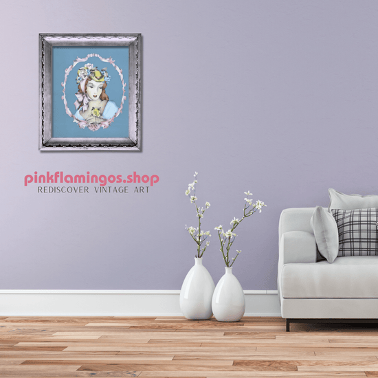 Lady Portrait in Blue by Terone | 1943 Beautytone Vintage Lithograph | Vintage Regency Wall Art - Offset Lithograph - Pink Flamingos