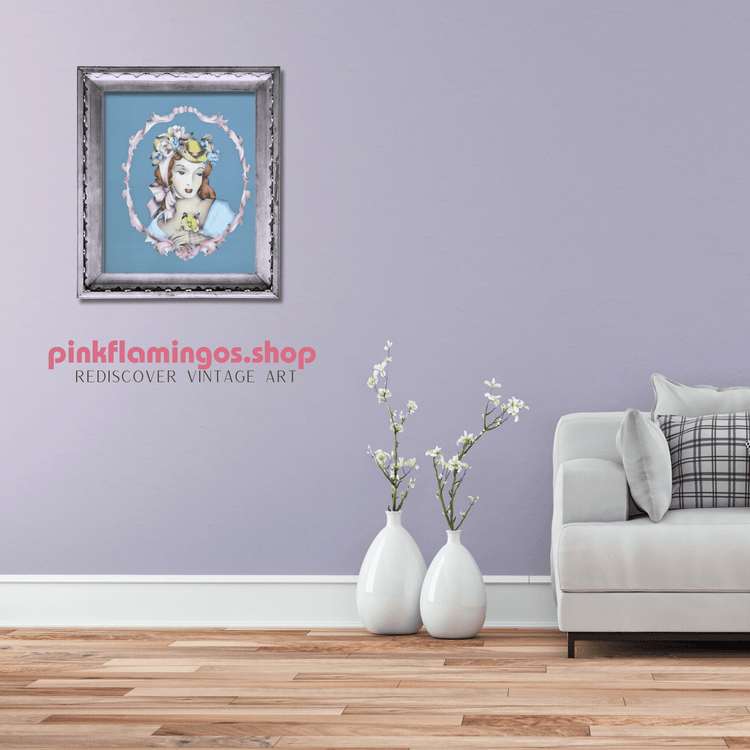 Lady Portrait in Blue by Terone | 1943 Beautytone Vintage Lithograph | Vintage Regency Wall Art - Offset Lithograph - Pink Flamingos