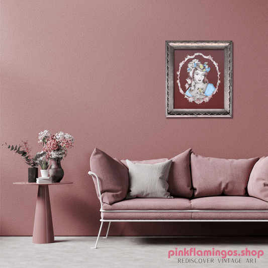 Lady Portrait in Dubonnet by Terone | 1943 Beautytone Vintage Lithograph | Vintage Regency Wall Art - Offset Lithograph - Pink Flamingos