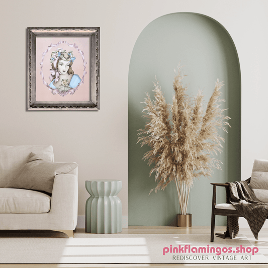 Lady Portrait in Peach by Terone | 1943 Beautytone Vintage Lithograph | Regency Wall Art - Offset Lithograph - Pink Flamingos