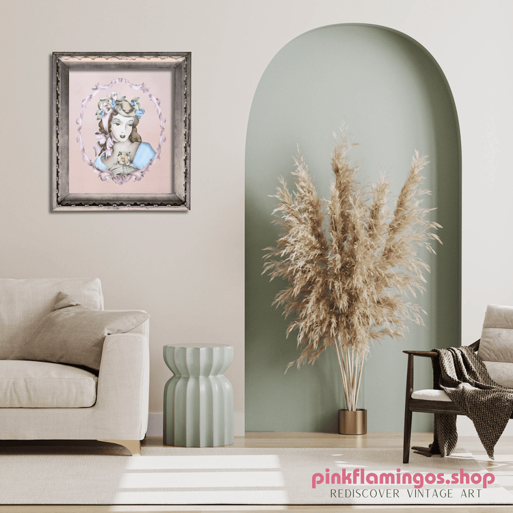 Lady Portrait in Peach by Terone | 1943 Beautytone Vintage Lithograph | Regency Wall Art - Offset Lithograph - Pink Flamingos