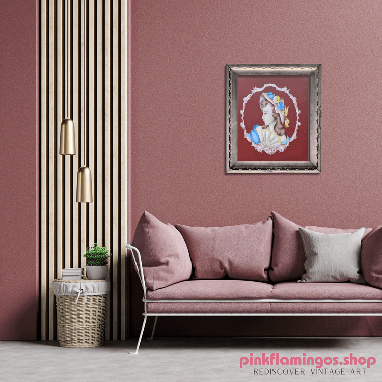 Lady Profile in Dubonnet by Terone | 1943 Beautytone Vintage Lithograph | Vintage Regency Wall Art - Offset Lithograph - Pink Flamingos