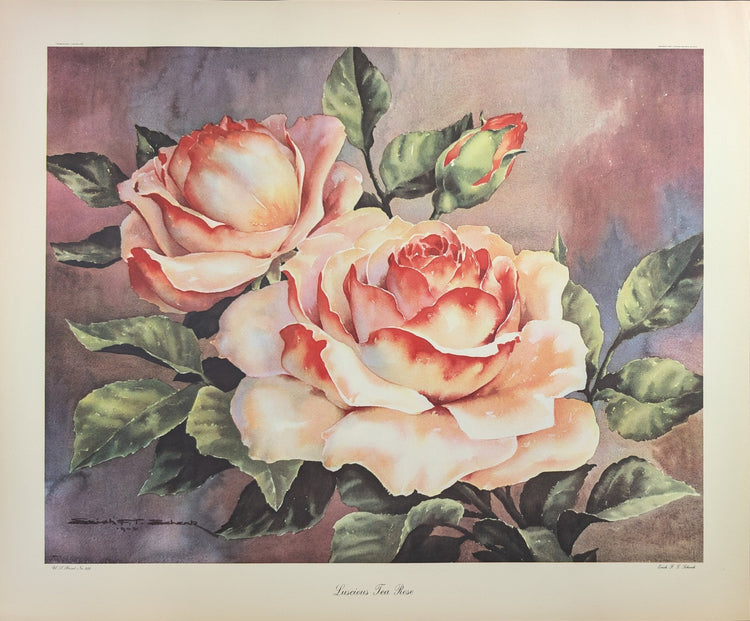 Luscious Tea Rose by Erich F.T. Schenk | 1940s Vintage Floral Lithograph | Romantic Wall Art - Offset Lithograph - Pink Flamingos