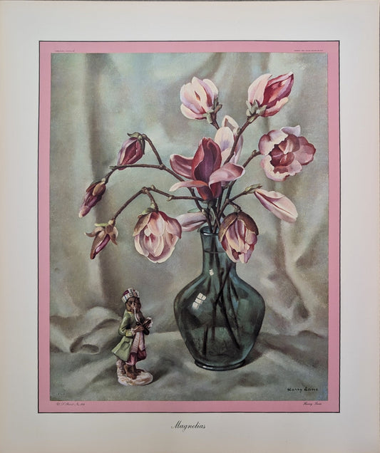 Magnolias by Harry Lane | 1945 Vintage Lithograph | Still Life Floral Wall Art - Offset Lithograph - Pink Flamingos