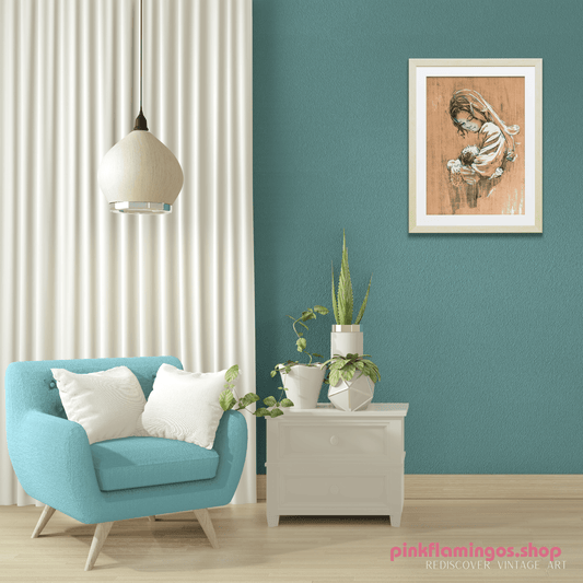 Mother and Baby by Frank Palmieri | 1970s Signed Lithograph | Vintage Family Wall Art - Stone Lithograph - Pink Flamingos