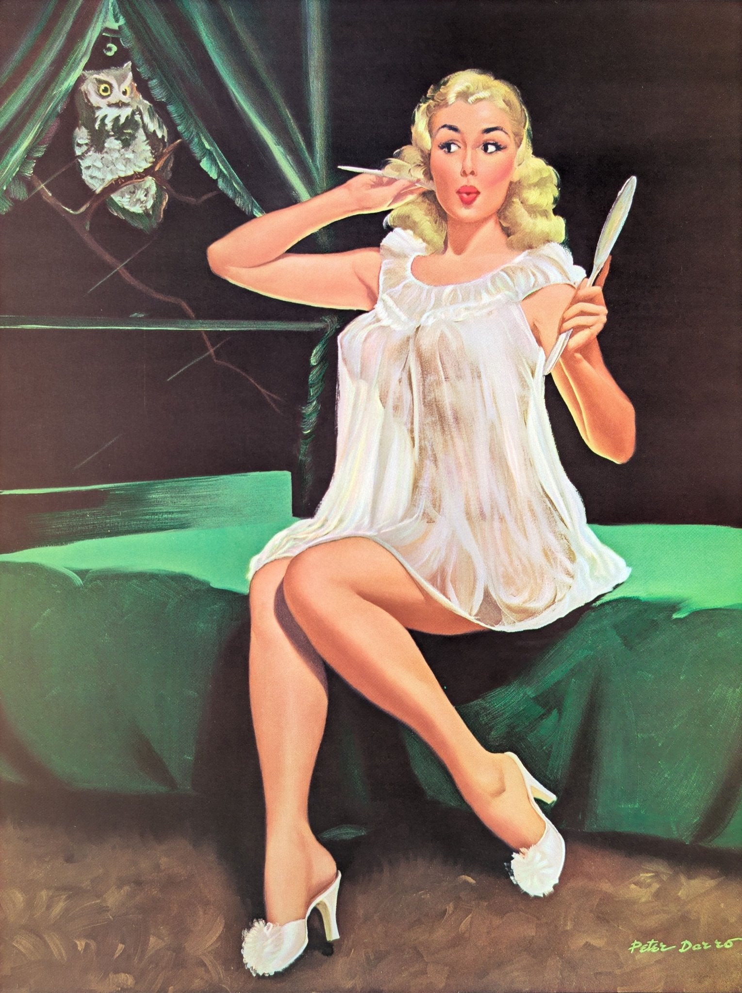 Night Owl by Peter Darro | 1940s - 50s Style Pinup | 1980s Glossy Lithograph - Lithograph - Pink Flamingos