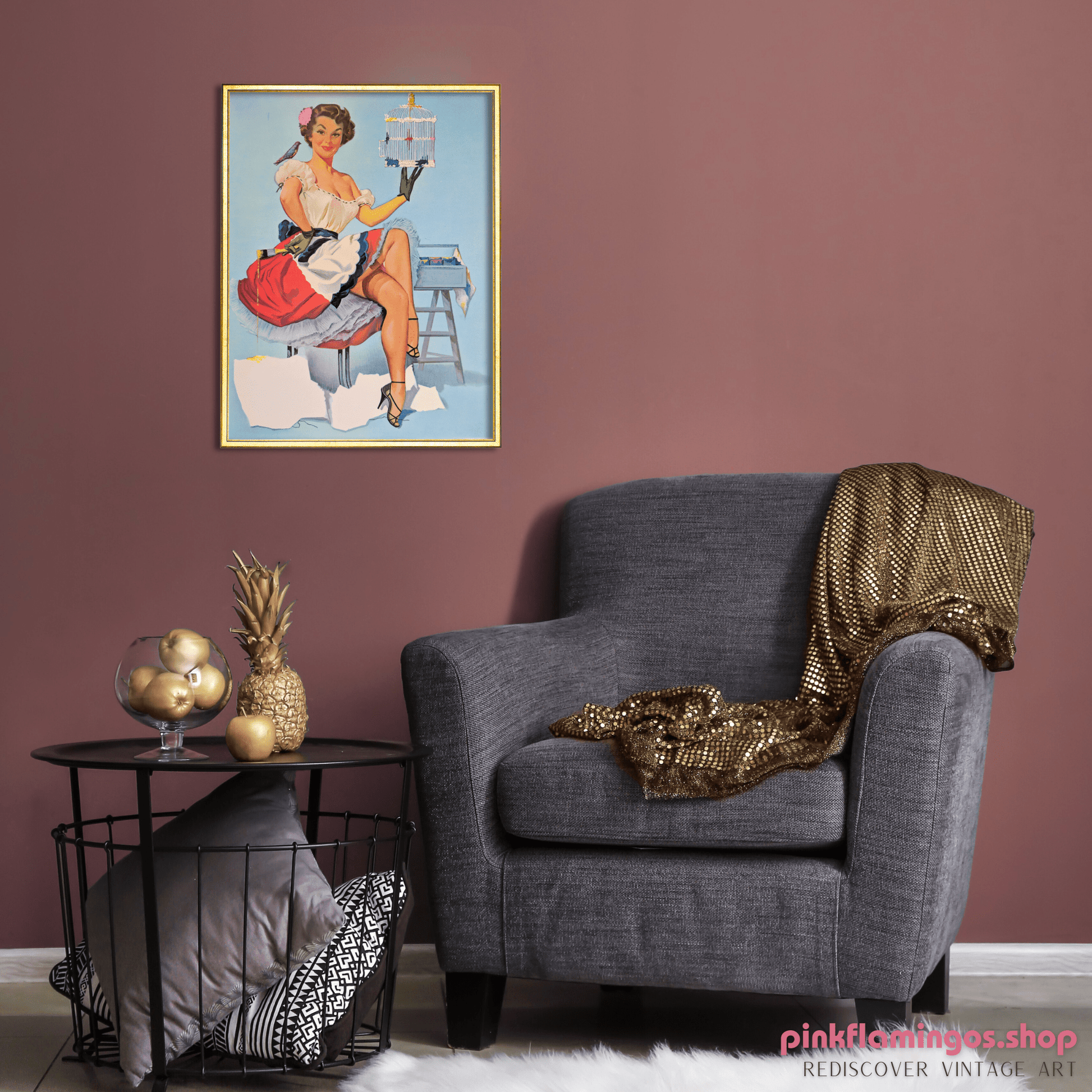 Painting the Birdcage by Peter Darro | 1940s - 50s Style Pinup | 1980s Glossy Lithograph - Pink Flamingos