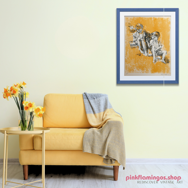 Boy Giving Flower by Frank Palmieri | 1970s Signed Lithograph | Sentimental Childhood Wall Art
